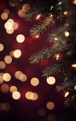 Wall Mural - Close-up of illuminated pine branch against bokeh lights.