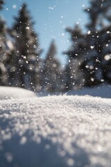 Wall Mural - close-up of fresh snow falling on a snowy ground with blurred trees in the background under a bright