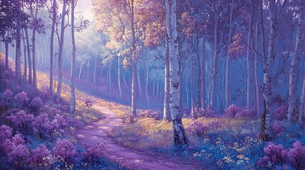 Wall Mural - serene path winding through a mystical purple and blue forest with sunlight filtering through the tr