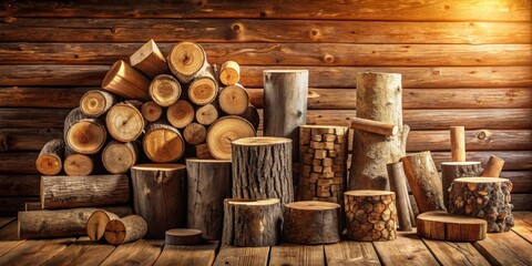 Aufkleber - Rustic Wooden Logs and Tree Trunk Slices Arranged Against a Log Cabin Wall
