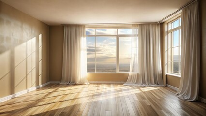 Aufkleber - Sunlit Empty Room with Sheer Curtains and Hardwood Floor Offering Panoramic View