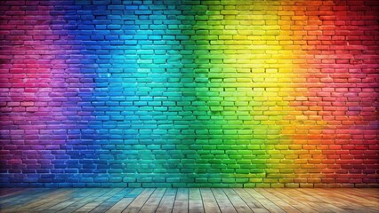 Leinwandbilder - Vibrant Spectrum Brick Wall Background with Wooden Floor Ideal for Design Projects and Creative Applications