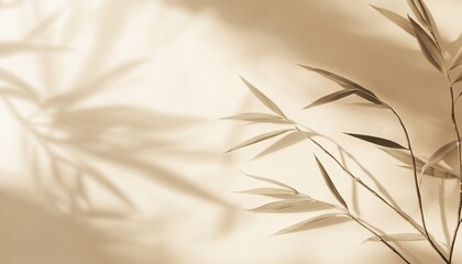 Wall Mural - sepia-toned bamboo leaves and shadows against a beige background.