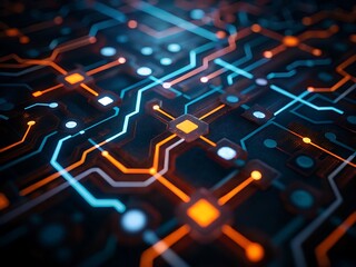 blue digital circuit board design with a futuristic tech pattern.