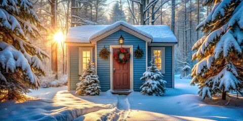 Poster - A picturesque winter cabin bathed in the golden glow of sunrise, adorned with festive wreaths, and nestled amongst snow-laden evergreens.