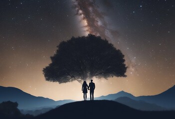 Wall Mural - starry happy travelers under copy woman couple space night standing man way milky tree hill hugging 