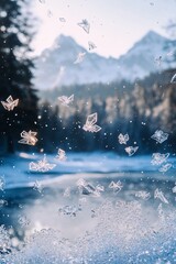 Wall Mural - ice crystals floating over a frozen lake with mountains in the background.