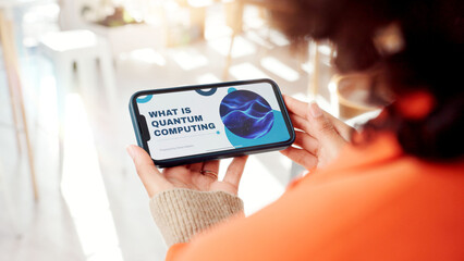 Leinwandbilder - Business, person and screen of phone in office for quantum computing, presentation and computer science. Programmer, mobile and information with software catalog, review about us and development tips