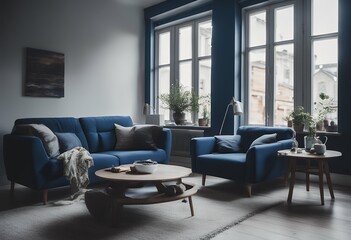 Wall Mural - recliner living room dark apartment sofa created modern chair scandinavian generative design interior blue comfortable style table render house armchair inside decoration wall floor space classic