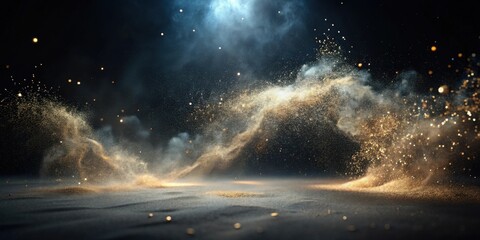 Aufkleber - Ethereal Golden Dust Swirls Across Dark Surface, Illuminated by Subtle Light Beams, Creating a Luxurious and Magical Atmosphere