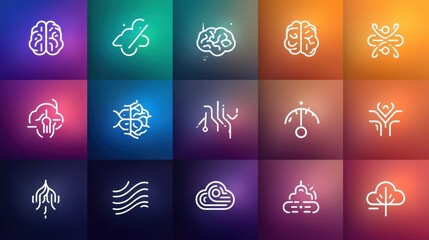 AI icon set concept. Flat design icon set featuring brain and algorithm elements