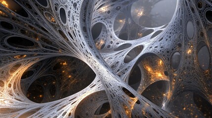 Wall Mural - abstract fractal art; swirling, interconnected, metallic, organic forms with glowing, golden inner s