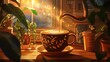 © BerkahStock - Sunlit latte art coffee pouring into a decorated mug on a wooden table among plants by a window.
