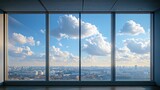 A large window frames a city view of a beautiful daytime sky