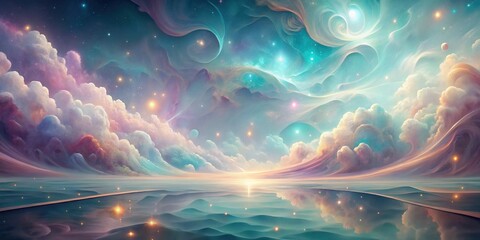 Poster - Dreamlike Celestial Landscape Serene Clouds Reflecting a Starry Sky with Glowing Lights on a Calm Ocean