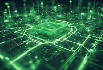 Wall Mural - grid style futuristic smart digital communication 3d concept green render dot information plexus net
