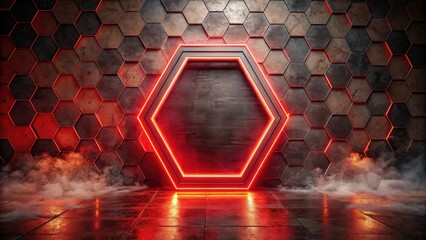 Aufkleber - Hexagonal metallic structure with vibrant red neon light accents and smoky atmosphere