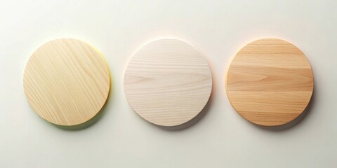 Aufkleber - Three Circular Wooden Discs Arranged in a Row on a Light Background, Showing Subtle Variations in Wood Grain and Tone