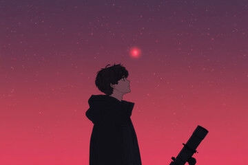 Wall Mural - A man is looking up at the stars with a telescope
