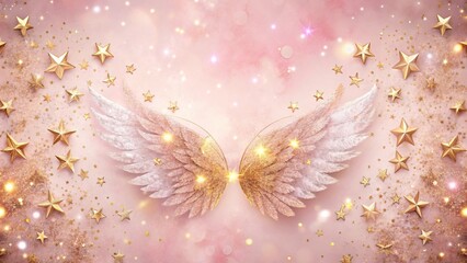 Poster - A Dreamlike Arrangement of Rose Gold and Silver Wings Adorned with Sparkling Stars on a Pastel Pink Background