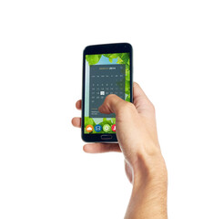 Wall Mural - phone, screen and hand with calendar on mobile in studio isolated on a white background mockup space