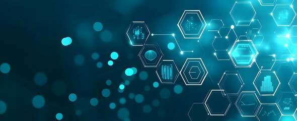 Wall Mural - a background of blue digital hexagons with icons representing technology