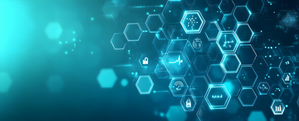 Wall Mural - a background of blue digital hexagons with icons representing technology