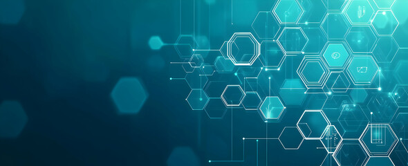 Wall Mural - a background of blue digital hexagons with icons representing technology