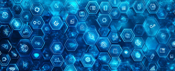 Wall Mural - a background of digital hexagons with icons representing data