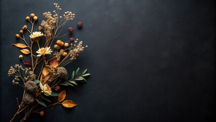 Aufkleber - Autumnal Dried Floral Arrangement on Dark Background with Ample Copy Space for Text or Design Elements