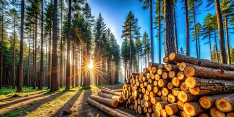 Aufkleber - Golden Hour in a Pine Forest  A Stack of Harvested Logs Bathed in Sunlight Amongst Tall Trees