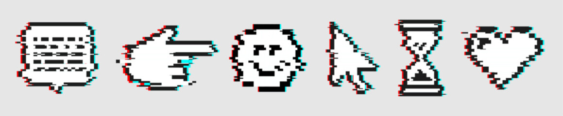 Glitch cyber pixel emoji. Y2k Pixel Heart, Cursor, hourglass, Smile Stickers for collage. Emoticon symbol isolated for retro futuristic interface. Vector retro distorted Acid illustration on black