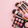 © bajita111122 - Perfectly organized makeup tools, such as brushes, palettes, and sponges, resting on a pastel background, beauty and self-care theme.