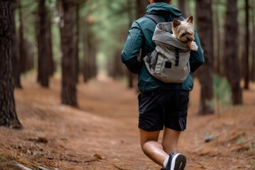 Fototapete - A man enjoys a jog on a pine forest trail, celebrating nature while carrying his small dog in a backpack. The serene surroundings enhance the experience Generative AI