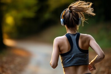 Poster - A woman runs along a winding path in a park, enjoying her workout while listening to music through wireless headphones under warm afternoon light Generative AI