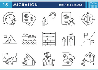 a set of line icons related to migration. migrate, shift, country, boarder, passport, refugee, and s