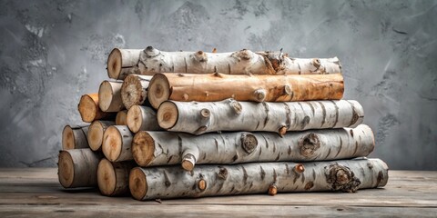 Aufkleber - A neatly stacked pile of birch logs rests on a rustic wooden surface against a textured gray backdrop, showcasing the natural beauty and rustic charm of wood
