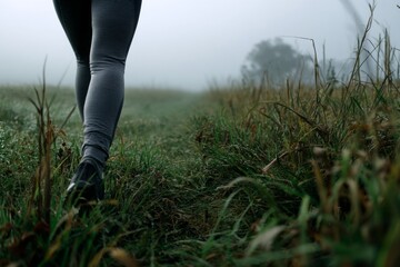 Poster - A person jogs along a narrow path surrounded by tall grass in a foggy environment, creating a peaceful and reflective atmosphere during early morning Generative AI