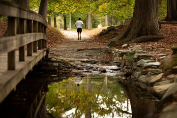 Fototapete - A runner makes their way over a small wooden bridge on a serene trail bordered by trees, reflecting nature's beauty during an outdoor exercise session Generative AI