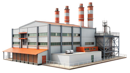 High-quality factory building isolated on transparent background in PNG format, ideal for architectural, industrial, or commercial design projects

