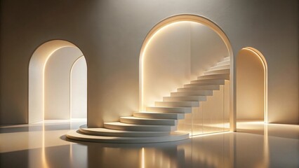 Poster - Illuminated Architectural Staircase with Arched Entryways and Subtle Warm Lighting