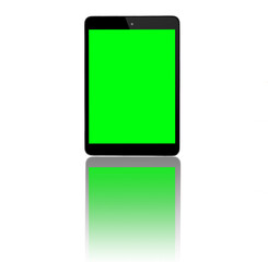 Wall Mural - tablet, green screen and mockup in studio for advertising space, display or promotion with white bac