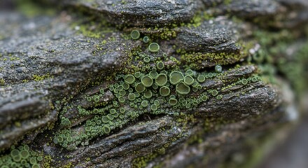Aufkleber - Green lichen growing on rough gray rock surface in macro detail