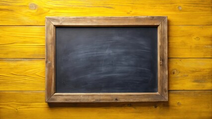Aufkleber - Rustic Wooden Frame Enclosing Blank Chalkboard on Vibrant Yellow Wooden Background, Perfect for Your Message or Announcement