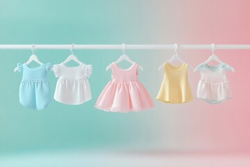 Poster - Soft vibrant background showcases minimal baby clothing hangers with tiny dresses and shirts in a dreamy arrangement