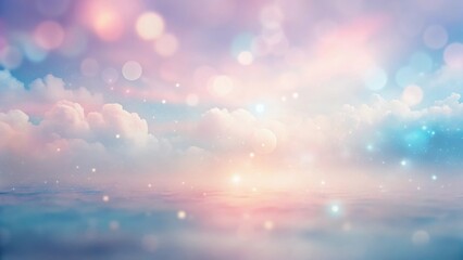 Poster - Dreamlike Pastel Sky with Glowing Lights and Soft Cloudscape Reflecting on a Serene Water Surface