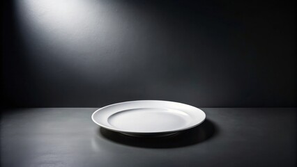 Aufkleber - A solitary white plate rests on a dark surface, illuminated by a single spotlight, creating a dramatic and minimalist scene.