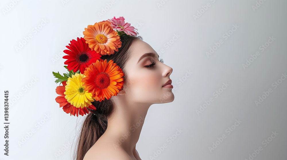 Woman head with colorful fresh flower on white background. Peace of mind, emotional balance, positive thinking