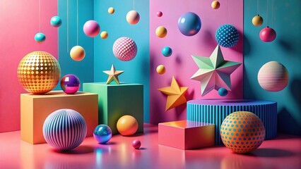 Aufkleber - Abstract Colorful 3D Geometric Shapes and Hanging Ornaments Composition with Shiny Surfaces and Vivid Hues