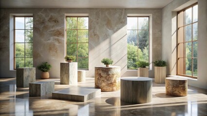 Aufkleber - Serene Minimalist Interior Design with Natural Stone Pedestals and Lush Greenery in Sunlit Room